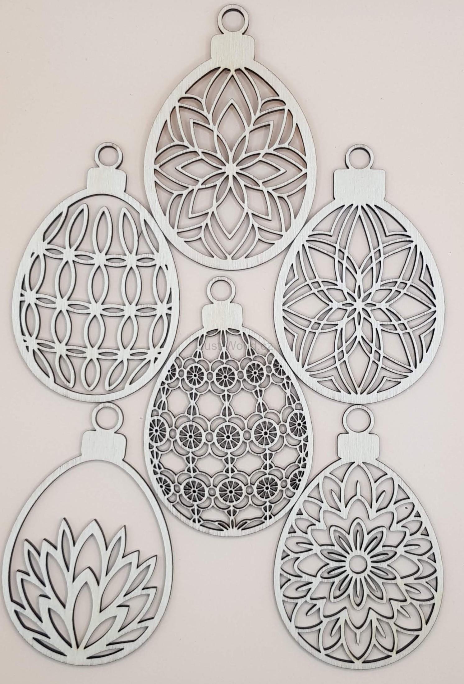 Sada dřevěných velikonočních ozdob – vajíčka s ornamenty